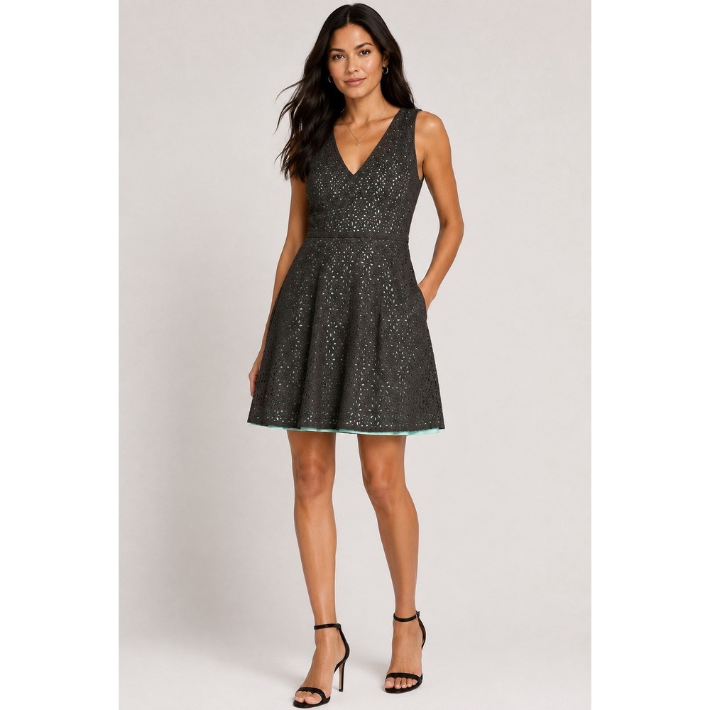French Connection Eyelet Lace Fit & Flare Dress Gray Mint Sleeveless Size 2